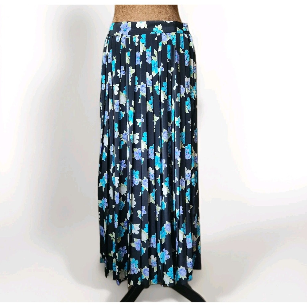 Vintage Sk & Company‎ Skirt Pleated Floral Black Blue Green 90s Satin Midi 12